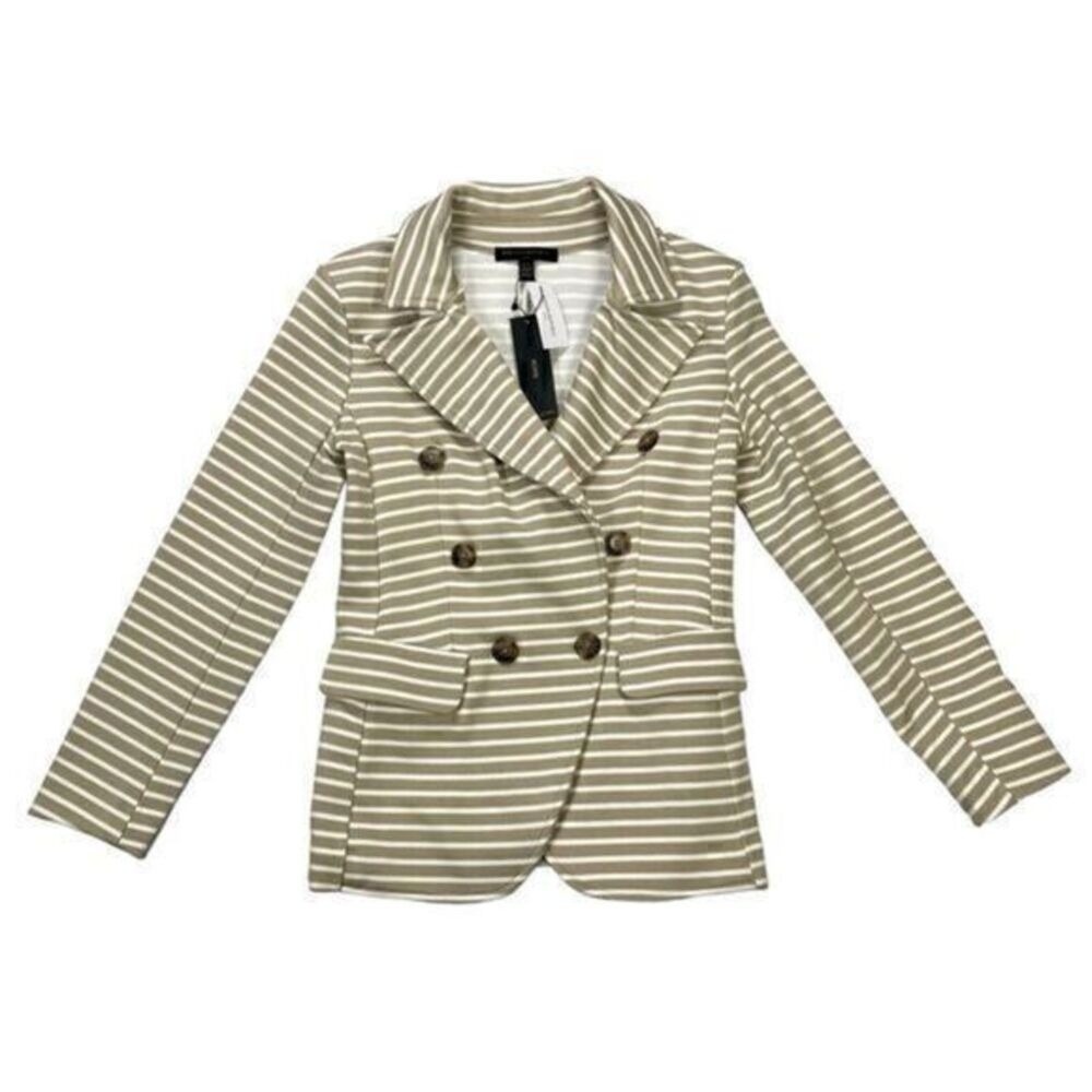 Banana Republic Striped Double Breasted Knit Blazer Women XXS Tan White Chic NWT - Picture 2 of 16